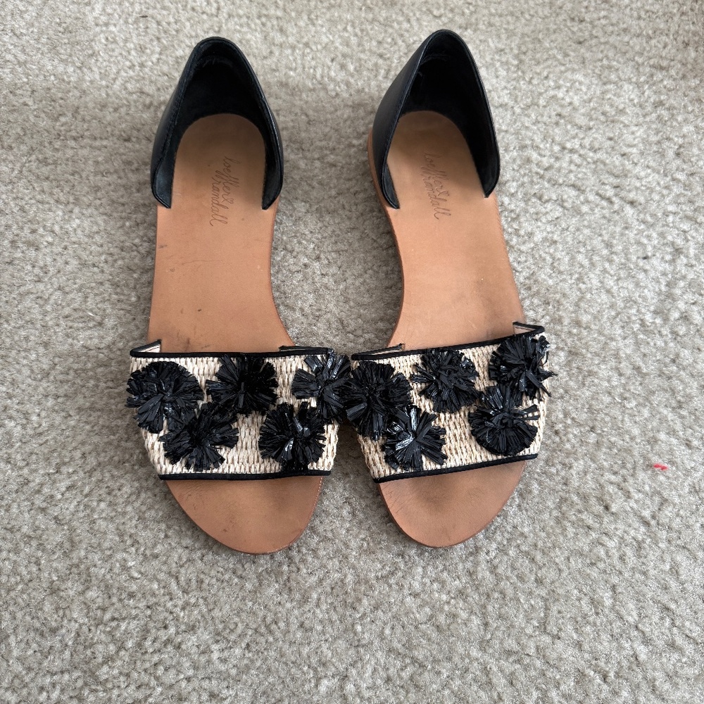 LOEFFLER RANDALL Pompom Raffia Leather Sandal 7.5